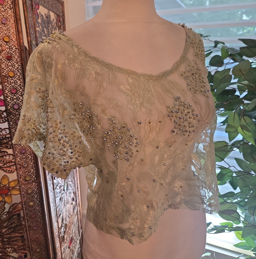 Costa Blanca Green Lace Beaded Cropped Top Mermaid Whimsical Fairycore Small